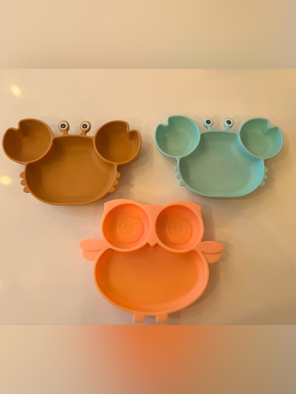 Silicone Kids Plate - Owl & Crab Shape, Peach/Teal/Mocha